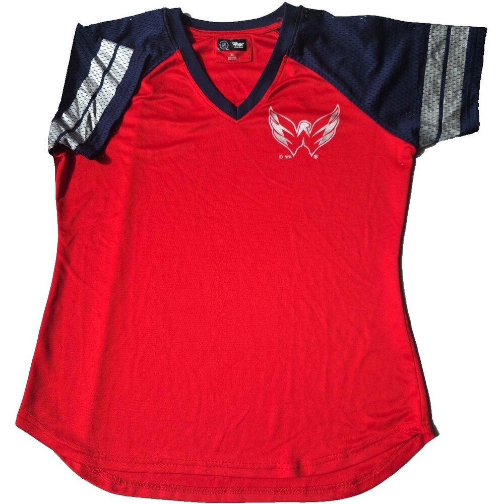 NHL Washington Capitals V-Neck Shirt Red Blue Silver Women's XL Eagle Logo
